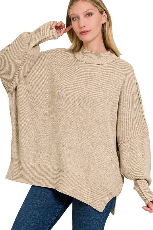 Oversized Side Spilt Hem Sweater oversized sweater ZENANA LT MOCHA S/M 