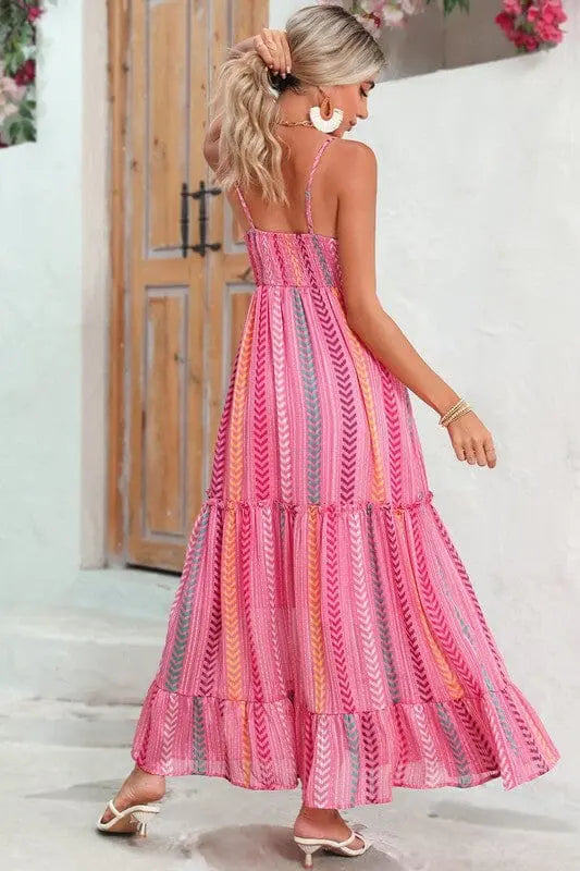 Pink Tribal Tassel Tie V Neck Surplice Maxi Dress EG fashion 