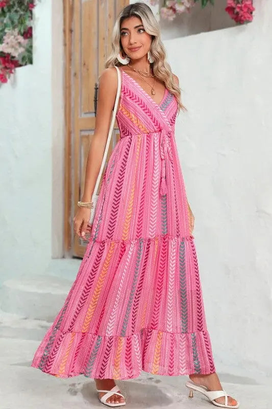 Pink Tribal Tassel Tie V Neck Surplice Maxi Dress EG fashion 