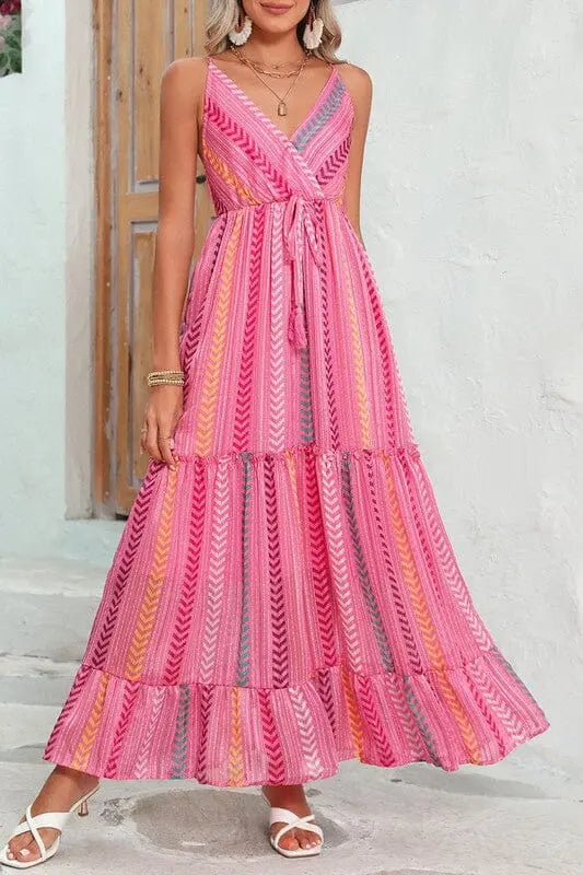 Pink Tribal Tassel Tie V Neck Surplice Maxi Dress EG fashion one color S 