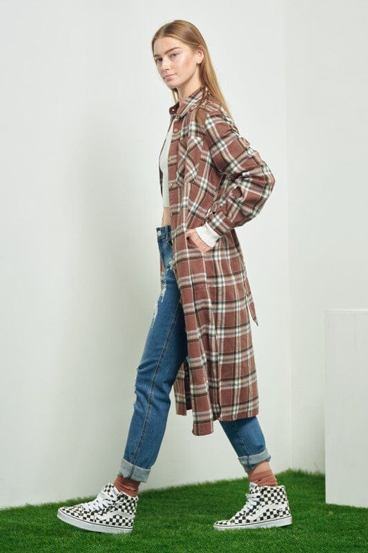 PLAID PRINT COLLAR LONG SHIRT DRESS Jade By Jane 