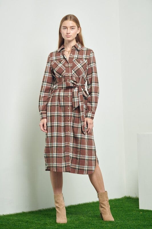 PLAID PRINT COLLAR LONG SHIRT DRESS Jade By Jane MAUVE S 