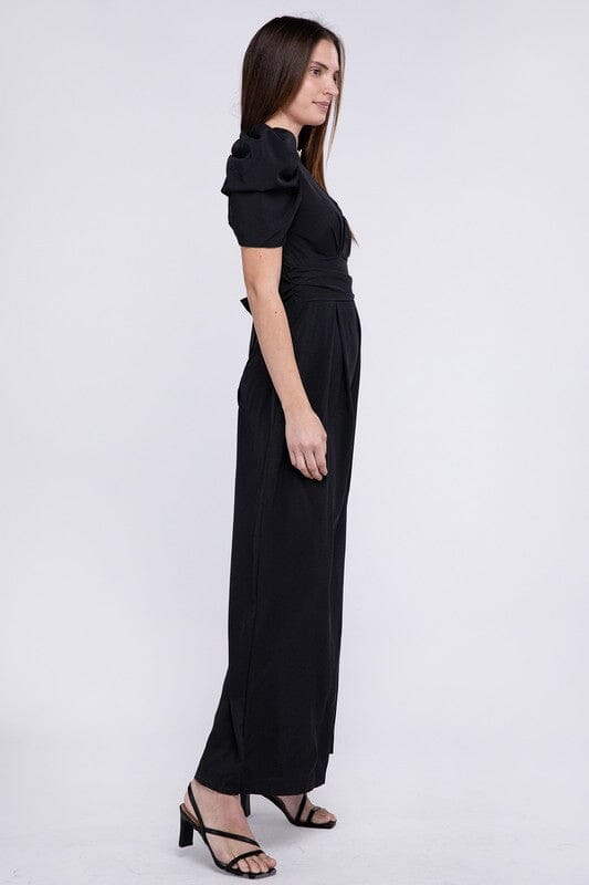 Plunging V Neck Puff Sleeve Jumpsuit v-neck jumpsuit Nuvi Apparel 