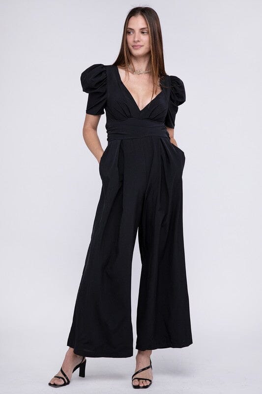 Plunging V Neck Puff Sleeve Jumpsuit v-neck jumpsuit Nuvi Apparel 