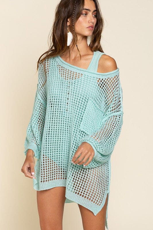 POL Oversized Fit Cover Up Sweater fishnet sweater POL PARADISE GREEN S 