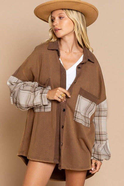 POL Plaid Detail Sleeve Shacket cotton shacket POL CHOCOLATE MOUSSE S 