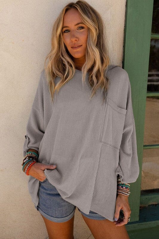 Race Day Ribbed Tab Sleeve Top oversized ribbed top Poet Street Boutique Grey S 
