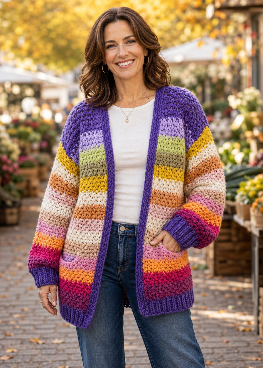 Rainbow Hand-Crochet Open Cardigan