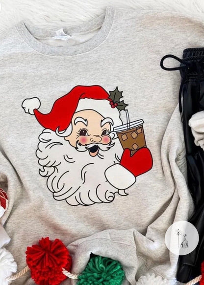 Red Santa Iced Coffee Print Sweatshirt graphic sweatshirt Poet Street Boutique Small 