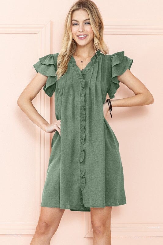 Ruffle Sleeve V neck Green, Black dress w/ pocket EG fashion Green S 