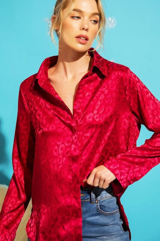 SATIN LEOPARD PRINT BUTTON DOWN TOP Sweet Generis Dark Red S 