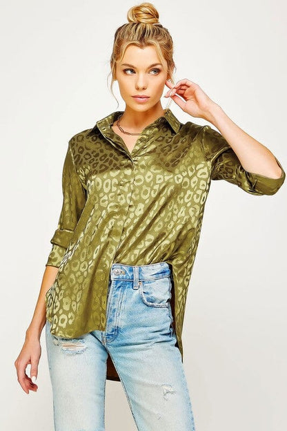 SATIN LEOPARD PRINT BUTTON DOWN TOP Sweet Generis Grey S 