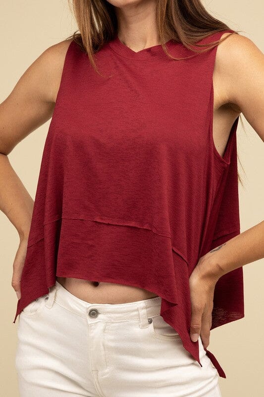 Shark Bite Side Slit Short Sleeveless Top ZENANA CABERNET S 