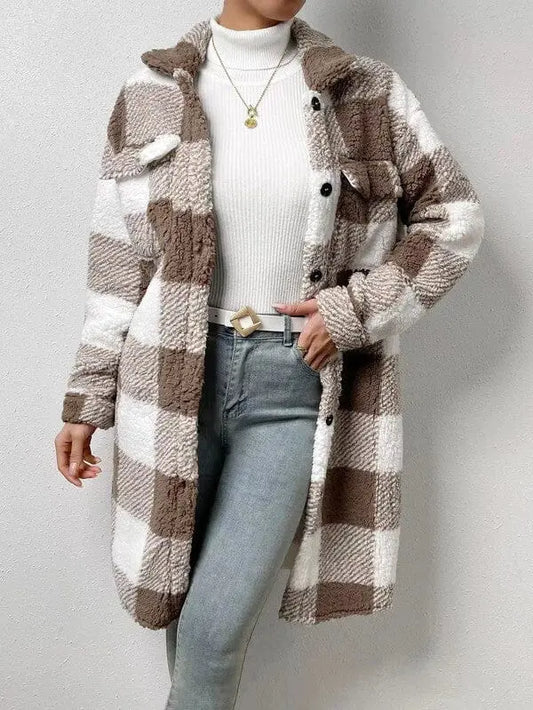Sherpa Plaid Long Jacket Sherpa Shacket Miss Sparkling Brown S