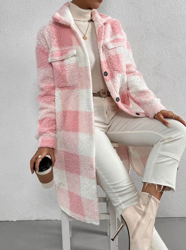 Sherpa Plaid Long Jacket Sherpa Shacket Miss Sparkling light pink S 