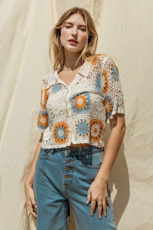 Short Sleeve Button Front Crochet Top Gilli 