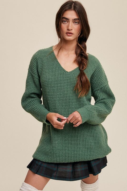 Slouchy V-neck Ribbed Knit Sweater Listicle Forest Green S 