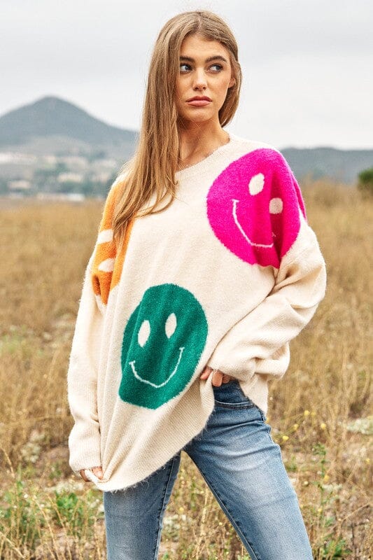 Smile Printed Long Sleeve Loose Fir Knit Sweater Davi & Dani Beige Multi S 