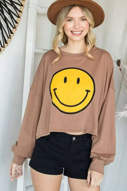 SMILEY FACE LONG SLEEVE CROP TOP Jade By Jane MOCHA S