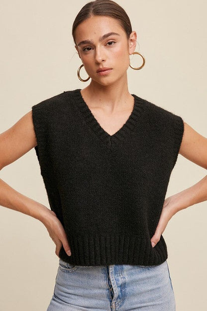 Soft Touch Cropped Knit Vest Listicle Black S 