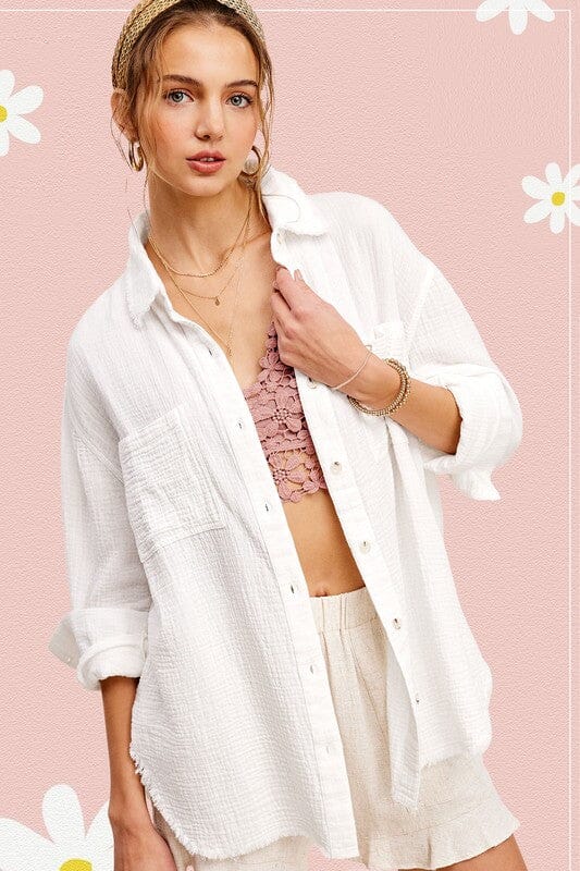 Soft Washed Crinkled Gauze Button Down Shirt La Miel WHITE S 