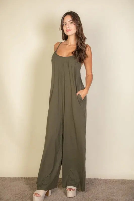 Spaghetti Strap Wide Leg Jumpsuit spaghetti strap wide leg jumpsuit Capella Olive S 