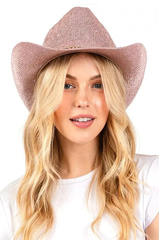 Sparkle Sequins Knit Metal Band Fashion Cowboy Hat Artini Accessories Rose O/S 