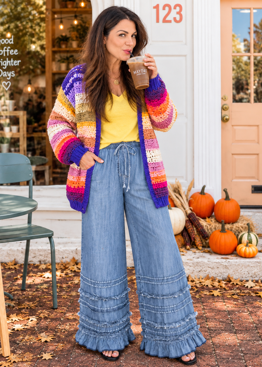 Rainbow Hand-Crochet Open Cardigan
