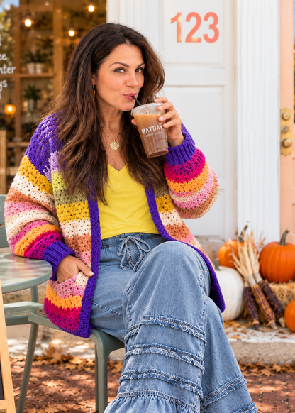 Rainbow Hand-Crochet Open Cardigan