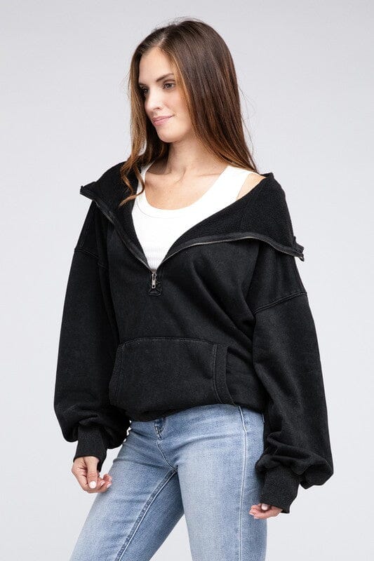 Stitch It Elastic Hem Hoodie 3/4 zip pullover hoodie BiBi BLACK S 
