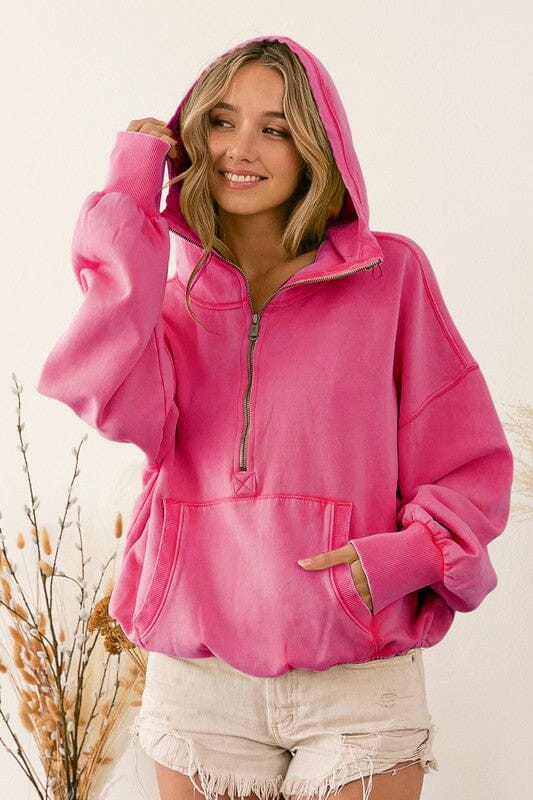 Stitch It Elastic Hem Hoodie 3/4 zip pullover hoodie BiBi FUCHSIA S 
