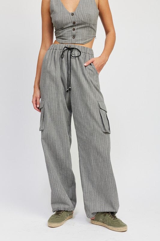 STRIPED CARGO PANTS WITH WAIST DRAWSTRING Emory Park GREY S 