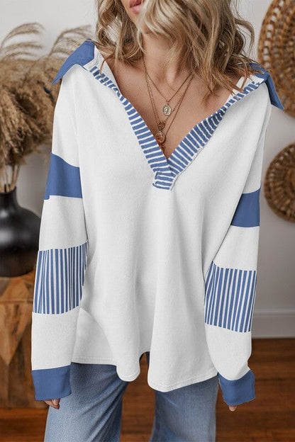 Striped Patchwork Collar Sweatshirt collared sweatshirt Poet Street Boutique WHITE SW25317343-P5 S 