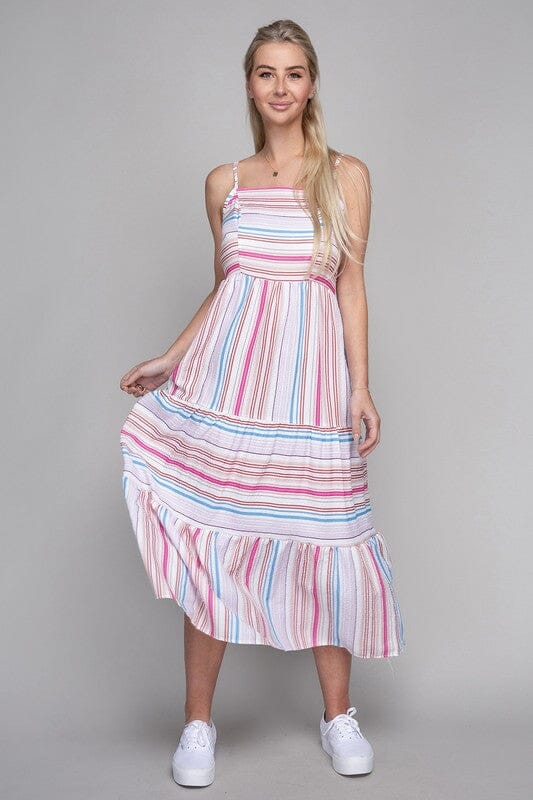 Striped Print Ruffle Hem Cami Dress spring stripe ruffle dress Nuvi Apparel PINK S 
