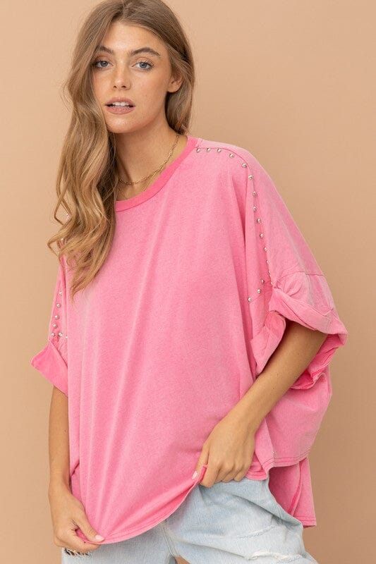 Studded Cotton Oversized High Low T Shirt Blue B Hot Pink S 