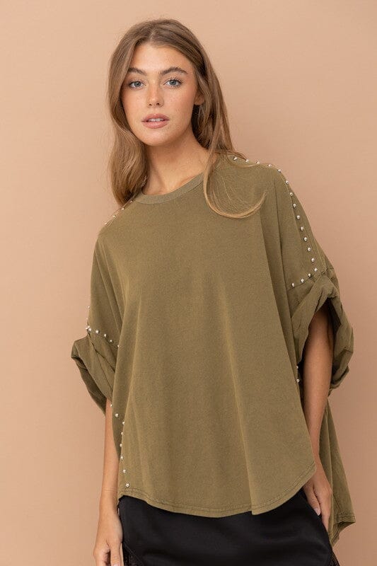 Studded Cotton Oversized High Low T Shirt Blue B Olive S 