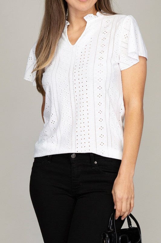 Sunny Day Embroidered Eyelet Blouse flutter sleeve blouse Nuvi Apparel White S 