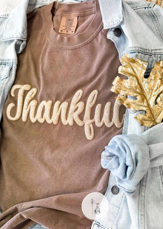 Thankful Glitter Puff Print Graphic Tee graphic tee Poet Street Boutique Brown Small 