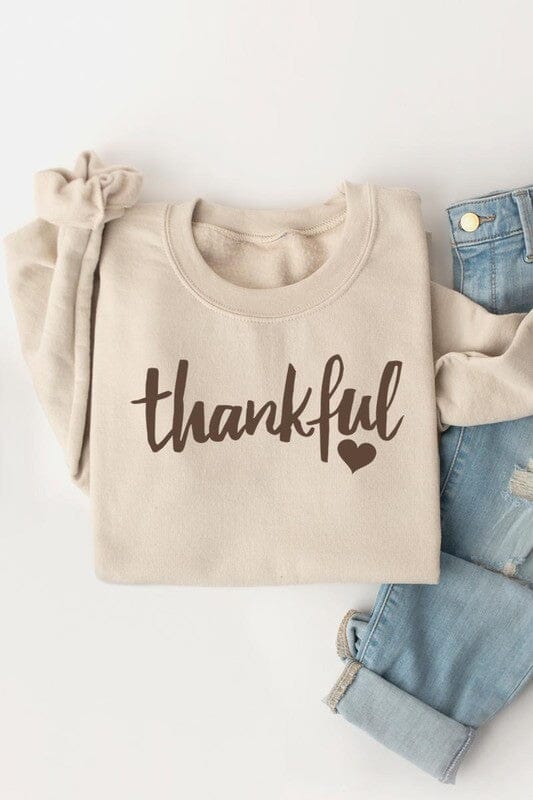 Thankful Heart Graphic Fleece Sweatshirt Thankful cursive sweatshirt Poet Street Boutique SAND S 