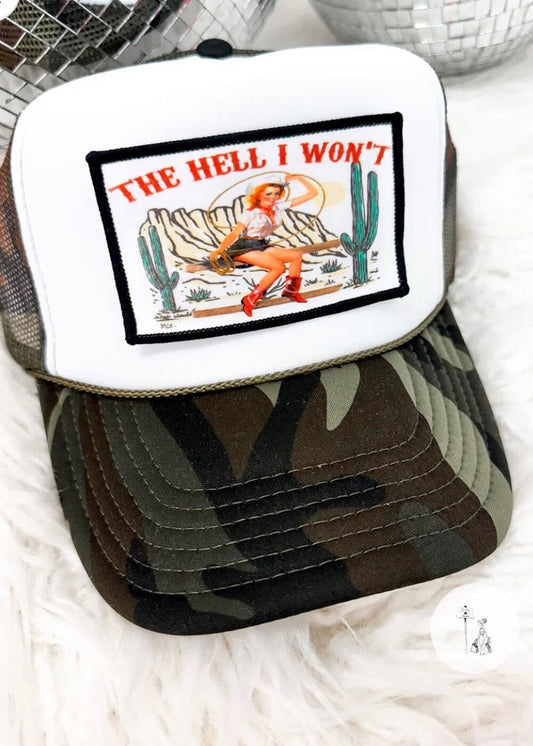 The Hell I Won’t Trucker Hat Camo trucker hat Poet Street Boutique 