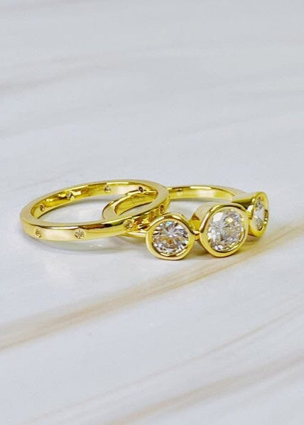 Trio Bezel Stone Ring Set Of 2 Stacking rings Poet Street Boutique Gold OS 