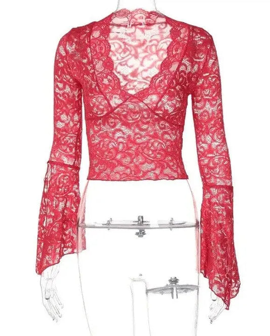 V Neck Floral Lace Tops Bell Long Sleeve Miss Sparkling