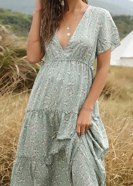 V Neck Floral Sage Midi Dress Tiered floral midi dress Miss Sparkling