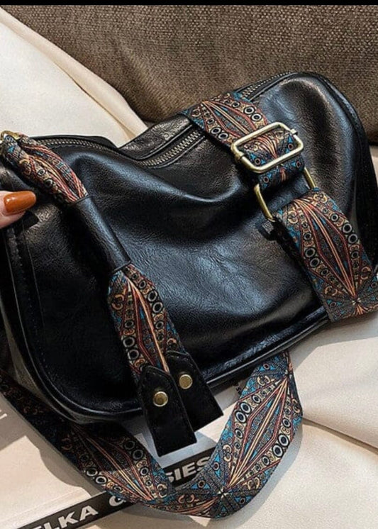 Vegan Leather Ornate Strap Handbag Crossbody cross body Dani & Em Black 1 
