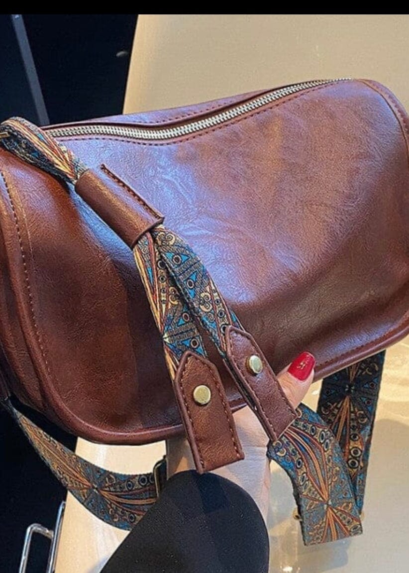Vegan Leather Ornate Strap Handbag Crossbody cross body Dani & Em Chestnut 1 
