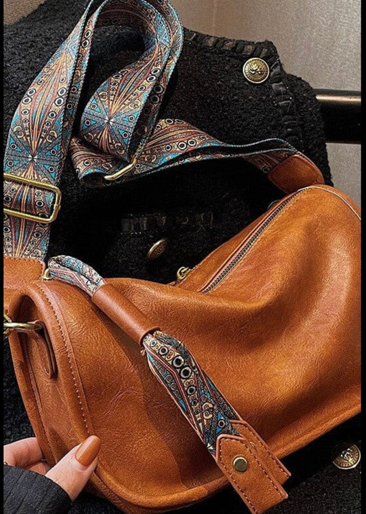 Vegan Leather Ornate Strap Handbag Crossbody cross body Dani & Em Cognac 1 
