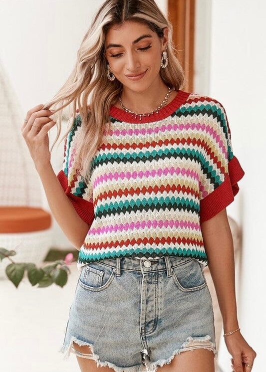 Vibrant Stripe Ruffle Sleeve Knit Top short sleeve sweater Poet Street Boutique 
