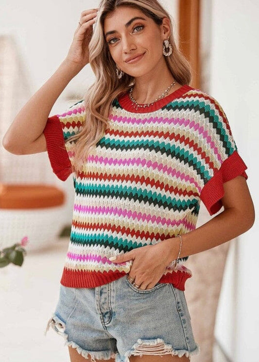 Vibrant Stripe Ruffle Sleeve Knit Top short sleeve sweater Poet Street Boutique one color S 