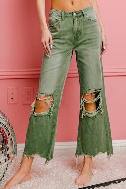 Vintage Washed Wide Leg Jeans colored jeans BiBi ASH GREEN S 