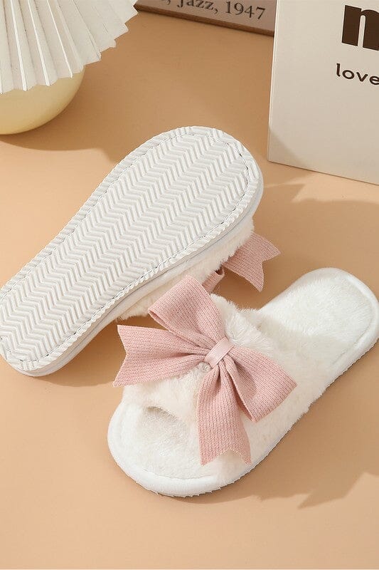 White Bow Open Toe Plush Slippers Open toe slipper Poet Street Boutique 